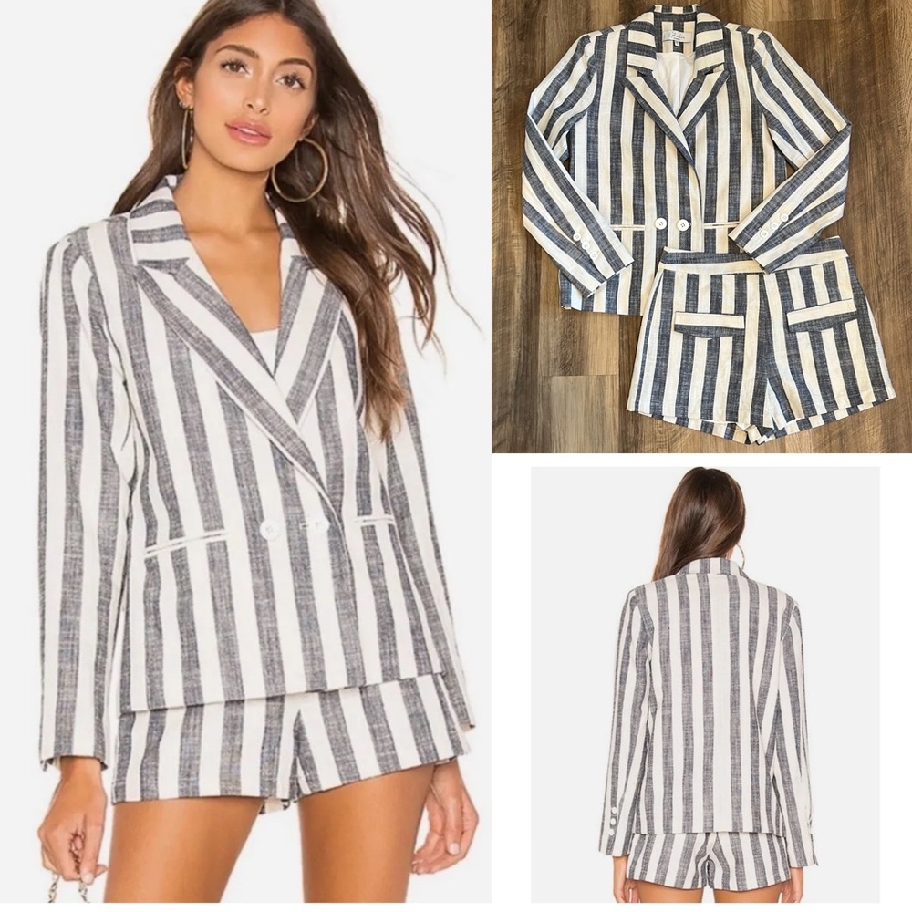 L'Academie Black and White Striped Linen Blend Blazer